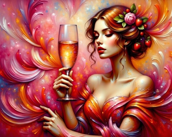 Elegant woman with flowers and champagne in vibrant setting