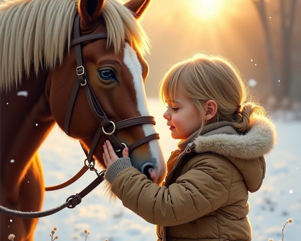 Child Reaching for Horse in Serene Winter Scene