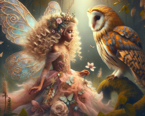 Whimsical Fairy and Owl in a Magical Forest Setting