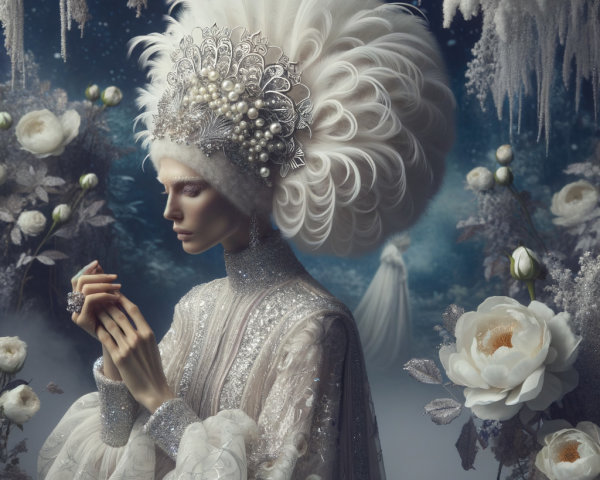 Regal Figure in Ethereal Landscape with Gown and Headdress