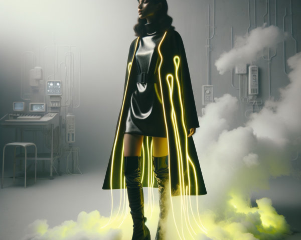 Futuristic figure in sleek outfit with glowing accents