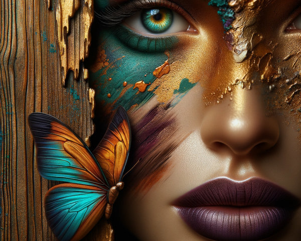 Close-up of a woman's face with vibrant colors and butterfly