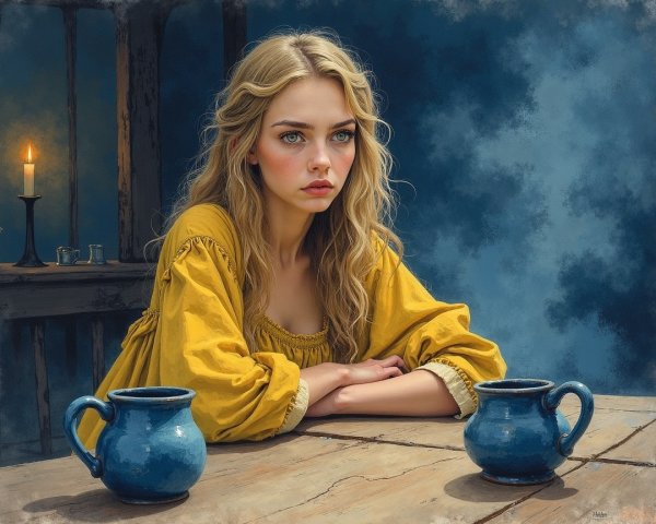 Contemplative Woman at Rustic Table with Candlelight