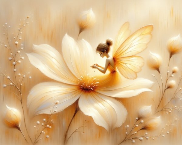 Fairy with Yellow Wings on White Flower in Dreamlike Scene