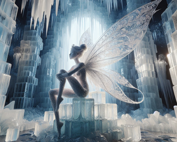 Fairy on Crystalline Throne in Mesmerizing Ice Cave