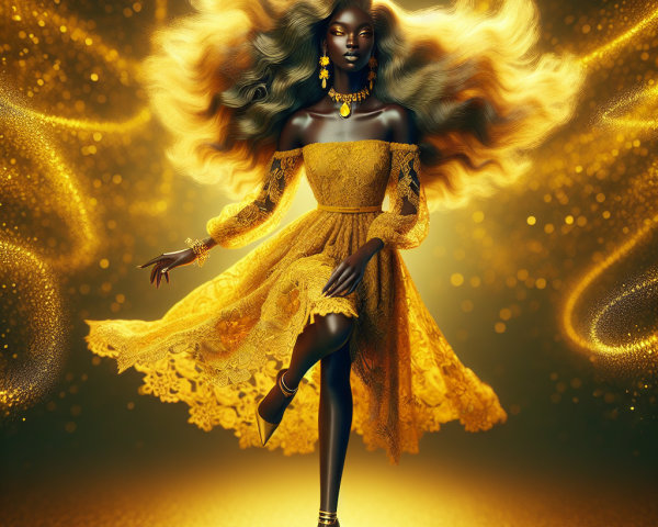 Dark-skinned woman in golden lace dress and heels