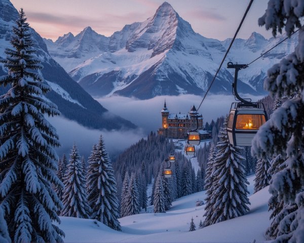 Winter Landscape with Ski Lift and Castle View