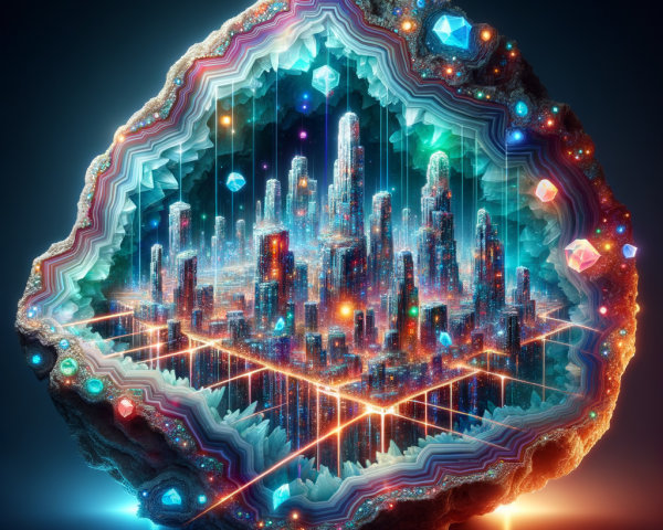 Ethereal Crystal Formation with Miniature Cityscape