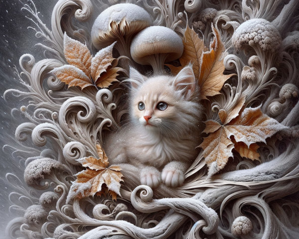 Whimsical Kitten Among Frosty Foliage and Mushrooms