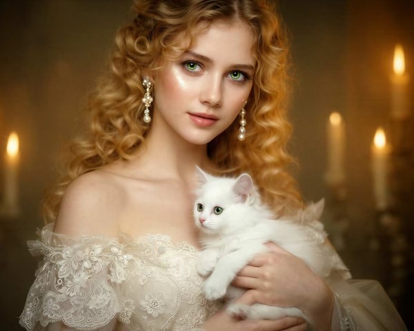 Young woman in lace gown with kitten and candlelight
