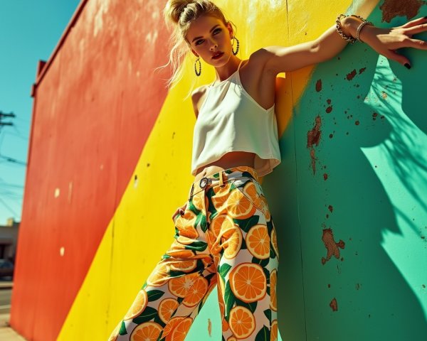 Stylish Young Woman Posing by Geometric Wall