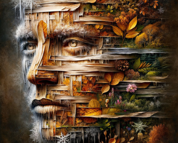 Wooden Face Art with Natural Elements and Seasonal Colors