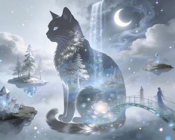 Mystical Digital Painting of Cat with Dreamlike Landscape