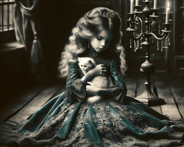 Young girl in teal gown with white kitten in elegant room