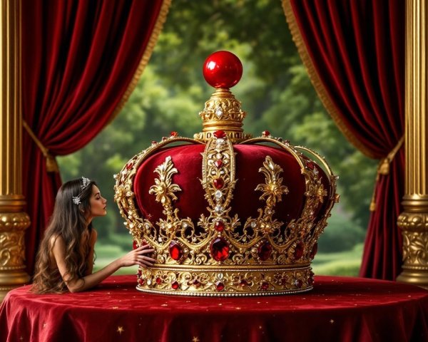 Regal Scene with Golden Crown and Red Velvet Table