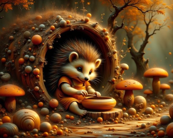Hedgehog in Cozy Burrow Surrounded by Autumn Colors