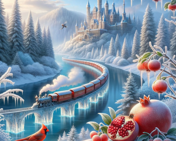 Winter Castle with Train in Snowy Landscape