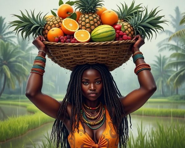 Confident Woman Balancing Fruits in Lush Landscape
