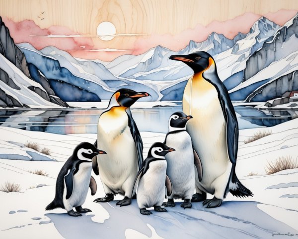Serene Arctic Scene with Penguins and Majestic Mountains