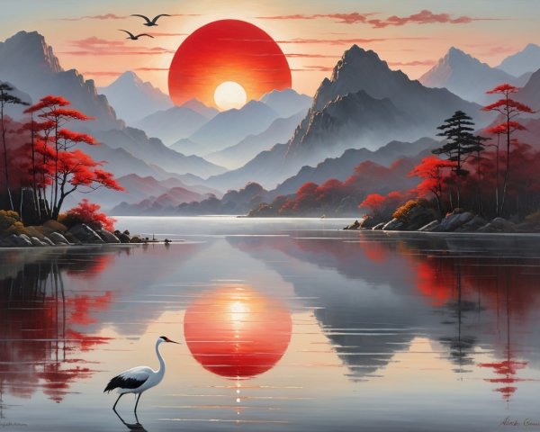 Majestic Mountains and Vibrant Sunset Landscape Scene