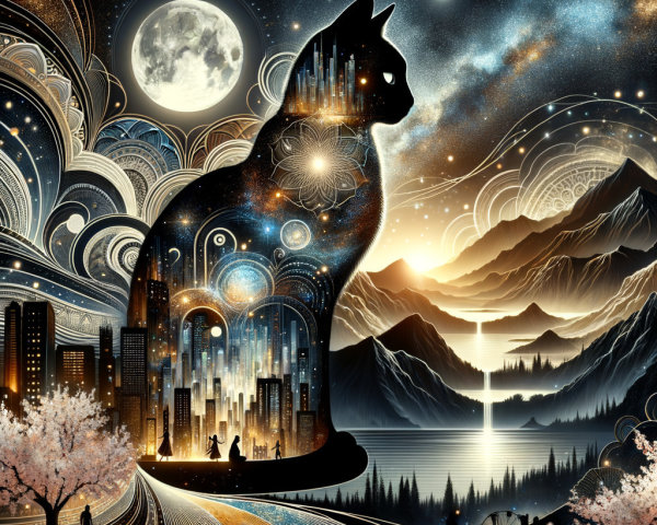 Surreal Landscape with Cosmic Cat and Moonlit Scenery