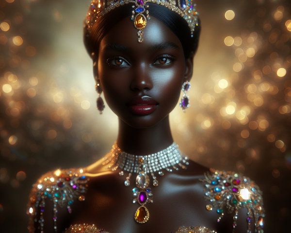 Regal figure in opulent gown with sparkling jewels
