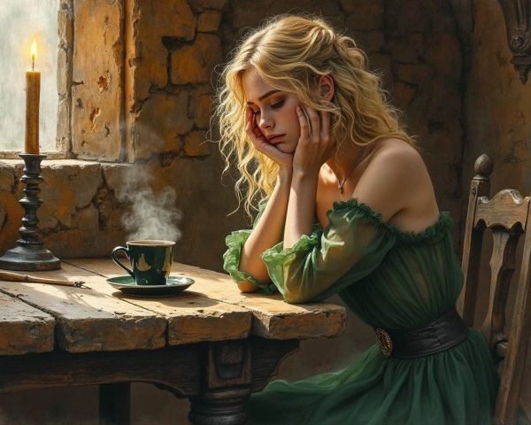 Young Woman in Green Dress at Rustic Wooden Table
