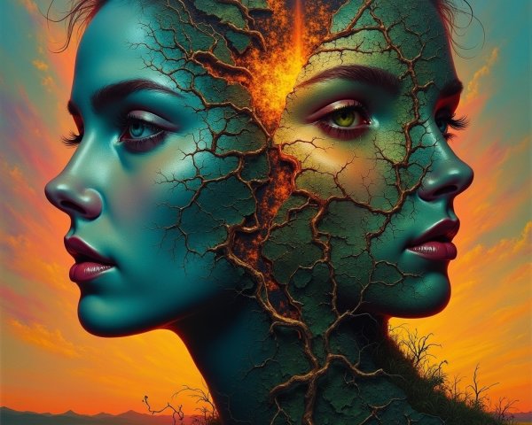 Woman's Face Profiles with Earth Textures and Sunset