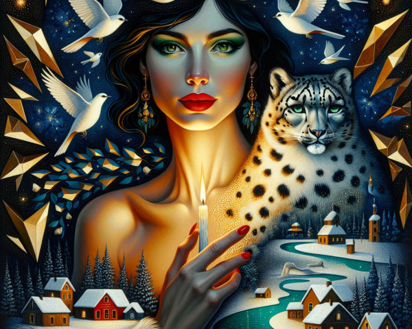 Woman with Green Eyes and Snow Leopard in Winter Scene