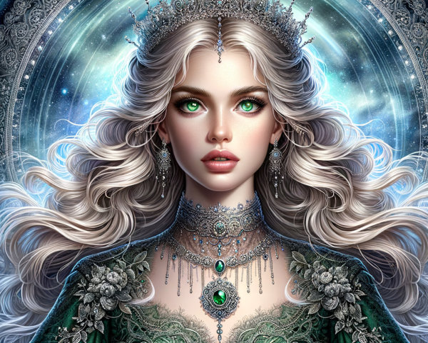 Fantasy Portrait of a Woman with White Hair and Crown