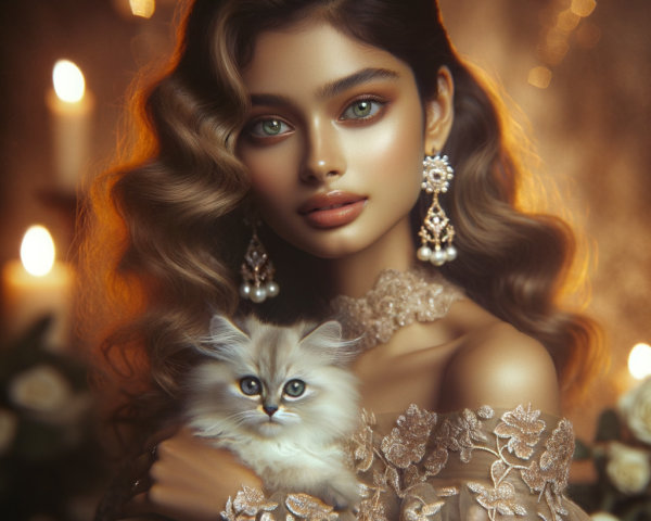Young woman in elegant gown with kitten and bokeh lights