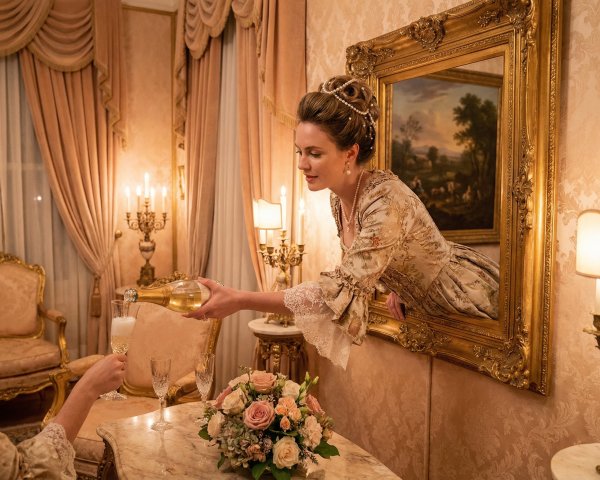 Historical Woman in Dress Pours Champagne in Lavish Room