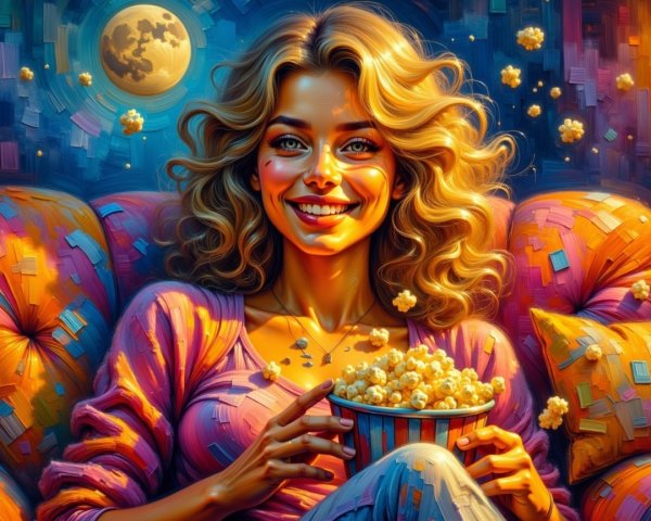 Cozy Movie Night with Smiling Woman and Popcorn