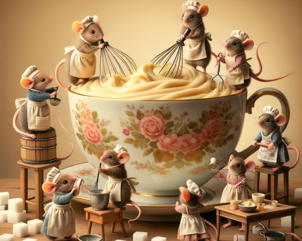 Whimsical Kitchen Scene with Anthropomorphic Mice Chefs