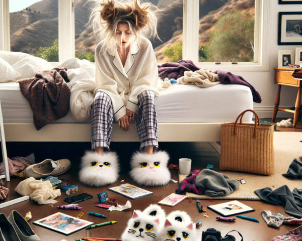 Woman in Nightshirt Sitting on Bed with Scenic View