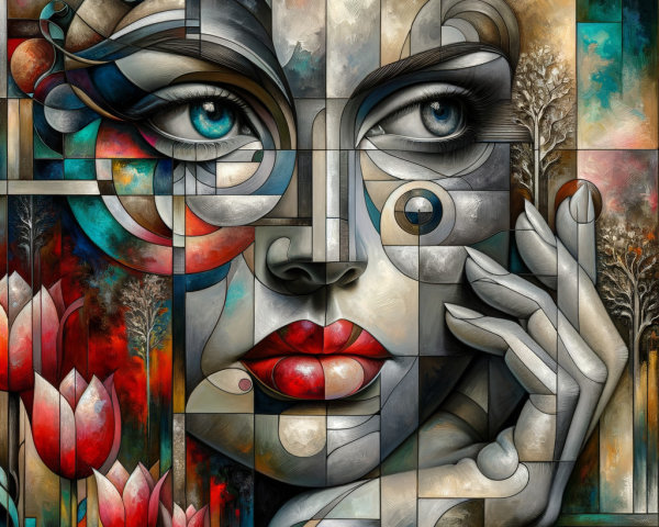 Geometric Female Face with Vibrant Colors and Flowers