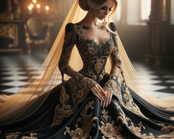 Elegant woman in ornate black gown with golden details