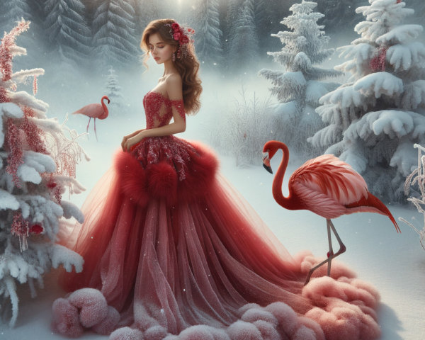 Elegant Woman in Red Gown in Winter Wonderland Scene