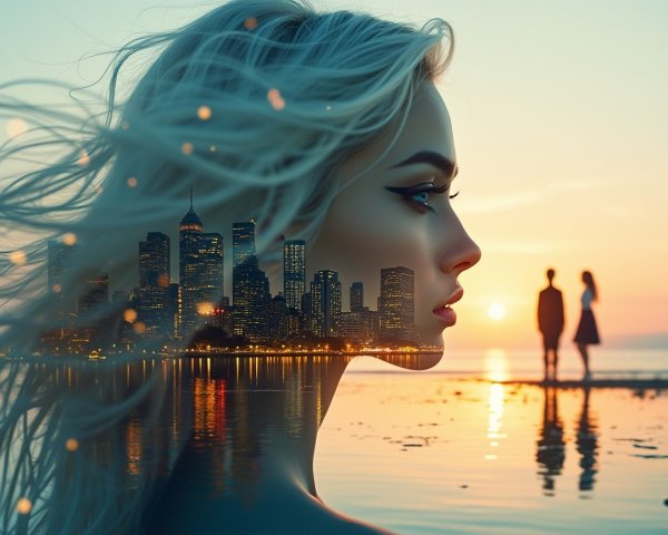Serene Sunset with Woman's Silhouette and City Skyline