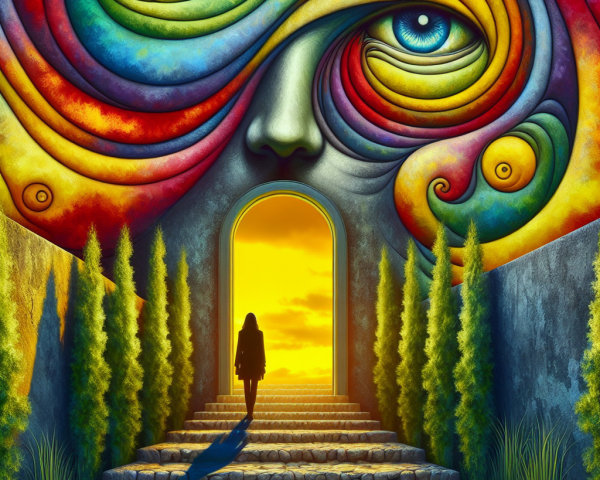 Digital Painting of Woman Ascending Colorful Steps
