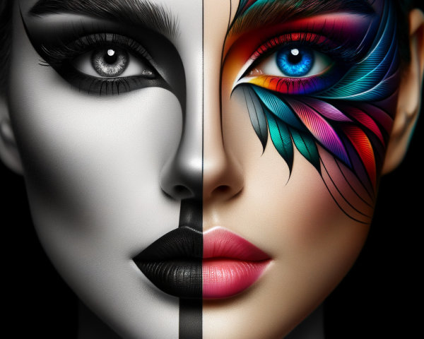 Dual-Faced Portrait with Monochrome and Color Contrast
