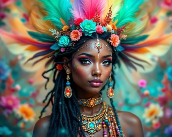 Portrait of a woman with vibrant feathers and flowers