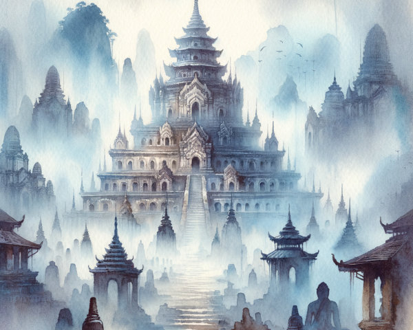 Mystical Landscape with Grand Multi-Tiered Temple