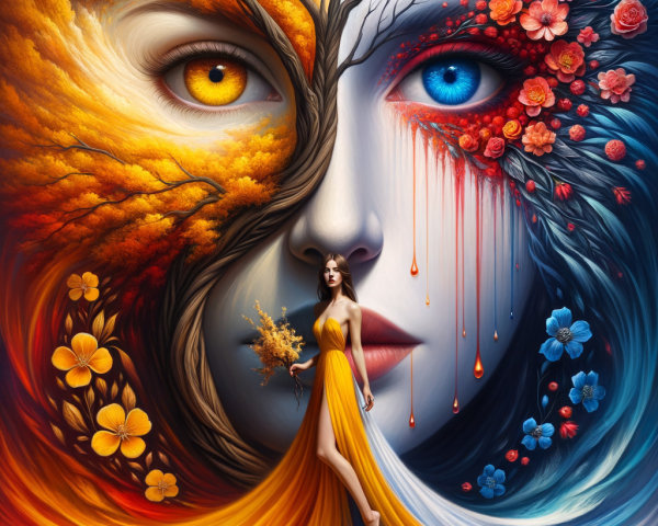 Split Face Artwork Merging Nature and Emotion