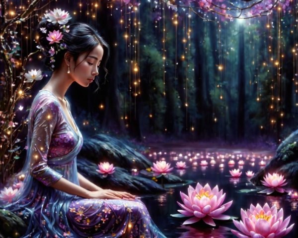 Young Woman in Gown by Tranquil Pond with Lotus Flowers