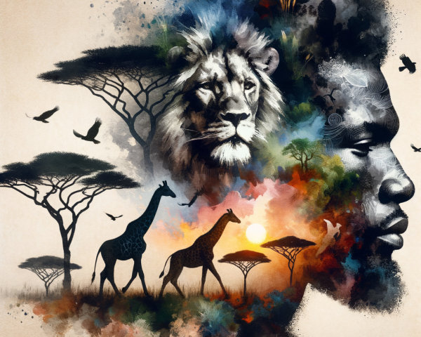 Artistic Montage of Wildlife and Human Silhouette