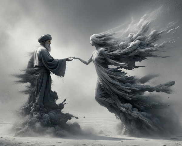 Surreal Encounter in Misty Landscape with Ethereal Woman