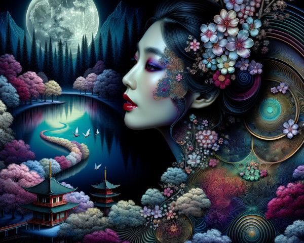 Vibrant Floral Profile in Dreamlike Landscape Scene