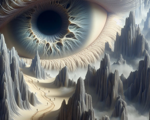 Surreal Landscape with Jagged Mountains and Giant Eye