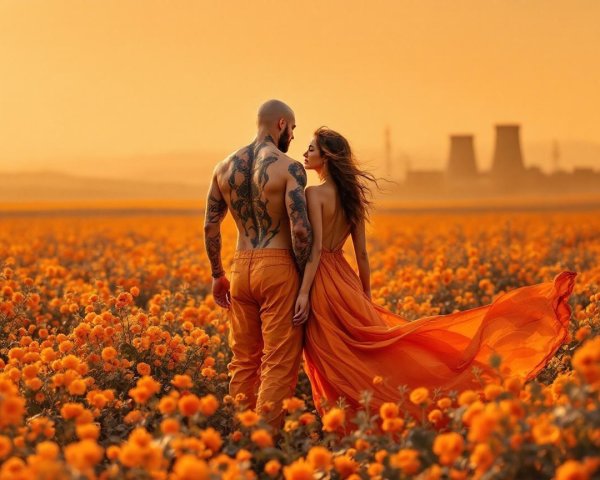 Couple in Orange Field at Sunset with Blooming Flowers
